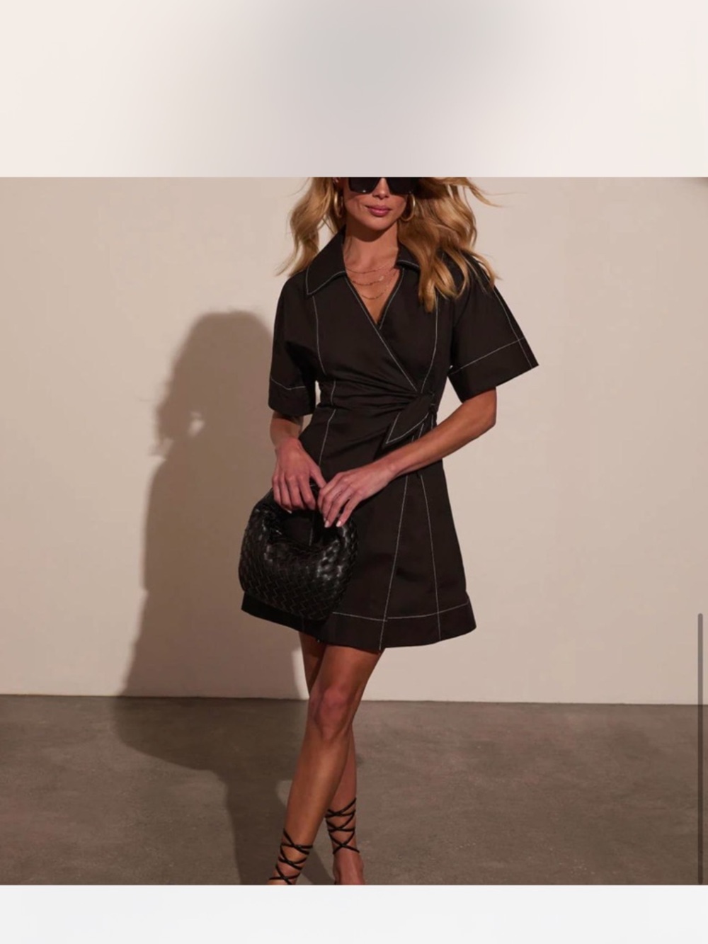Vici Black Short Sleeve Wrap Mini Dress with Contrast Stitching